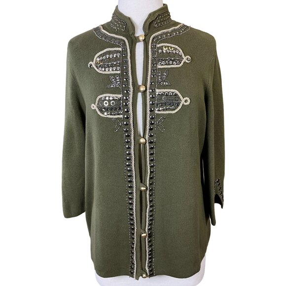 Chicos Military Embellished Cardigan Ambered Olive 3/4 Sleeves High Neck Large - Picture 1 of 12